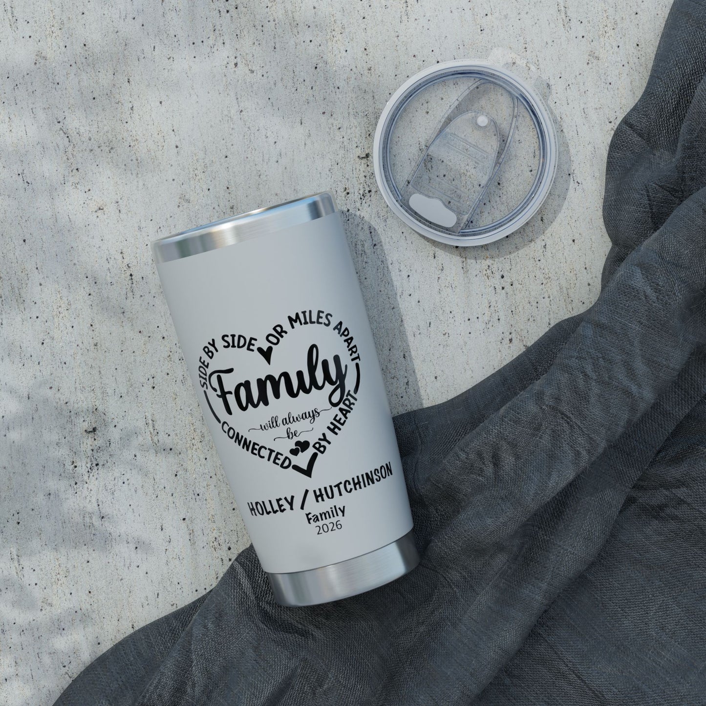 Family Heart 20oz Tumbler — "Side by Side or Miles Apart" Travel Mug